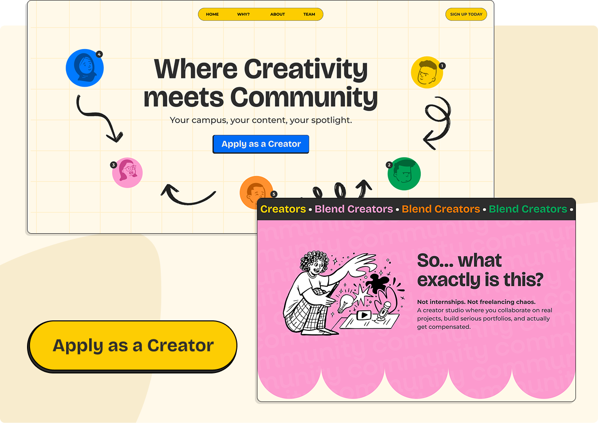 Blend Creator Hub platform screenshots showing creator profiles and apply flow